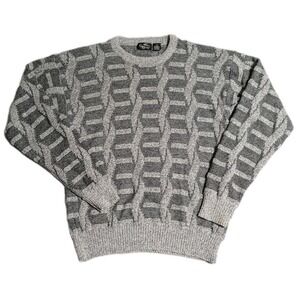 Kenny Rogers Sweater Mens L Gray Cable Knit Geometric Crewneck Pullover Textured